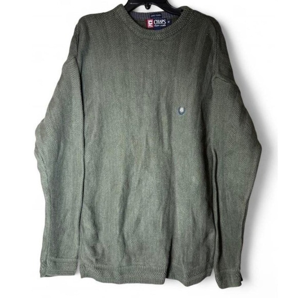 VTG Chaps Ralph Lauren Mens Green Herringbone Sweater Medium Thick Cotton Preppy